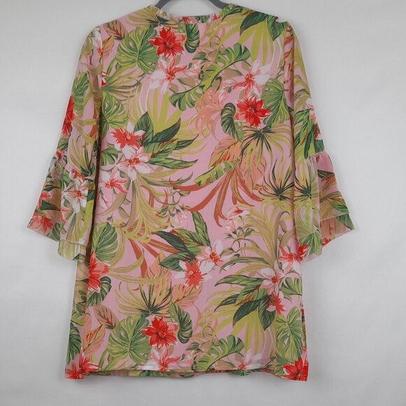 J.Jill Size Petite S Multicolor Tropical Floral Flowy 3/4 Bell Sleeve Tu… - Picture 7 of 10